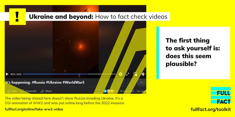 Ukraine and beyond: how to fact check videos. First of all, check what you're sharing seems plausible. This image shows an example of a video claiming to be of Russia invading Ukraine when in fact it is CGI animation of WW2. Read the fact check fullfact.…