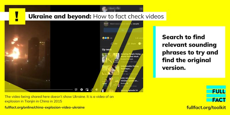Ukraine and beyond: how to fact check videos. Use clues in the video to search to find relevant sounding phrases to try and track down the original recording. This image shows an example of a video claiming to be of Ukraine under attack when in fact it i…