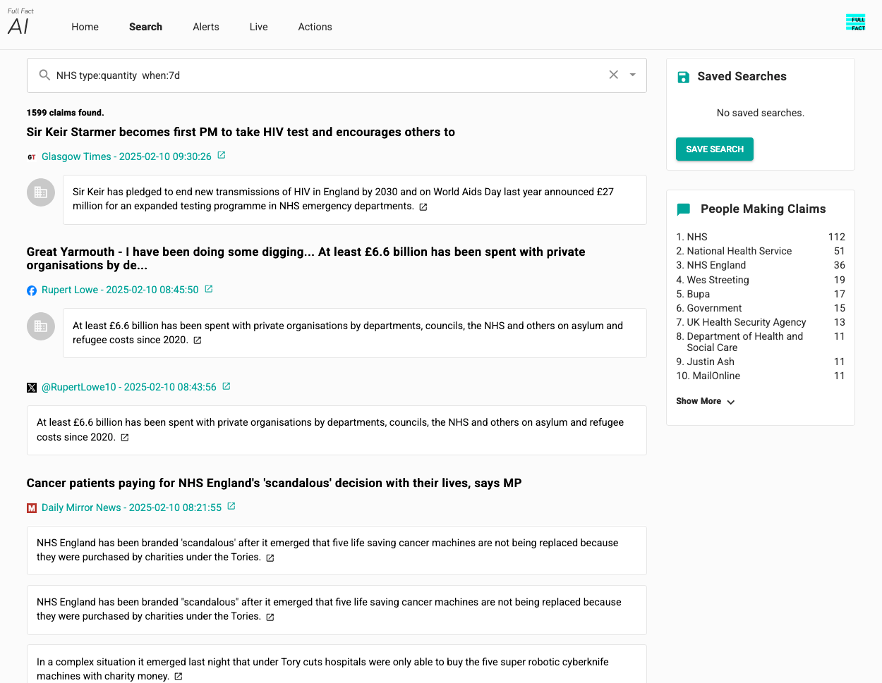 Full Fact AI claim search feature